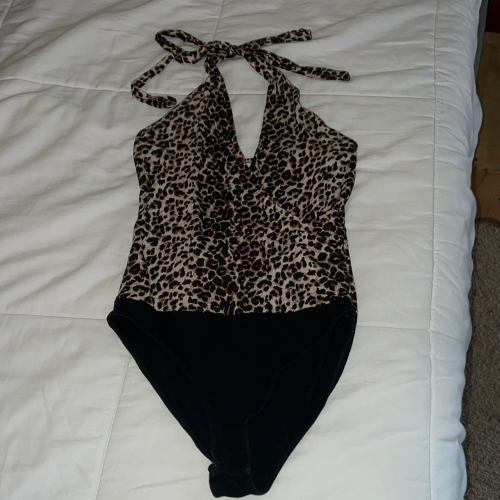 Ambiance Brown Leopard Print Sleeveless Bodysuit with Deep V-Neck Size S